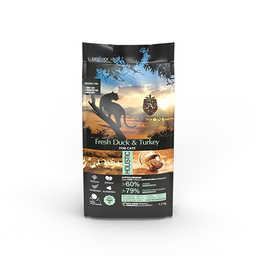 AMBROSIA 安柏希雅 - 無穀鮮肉貓糧/全齡貓飼料/鴨肉+火雞肉 ( 1.5kg )